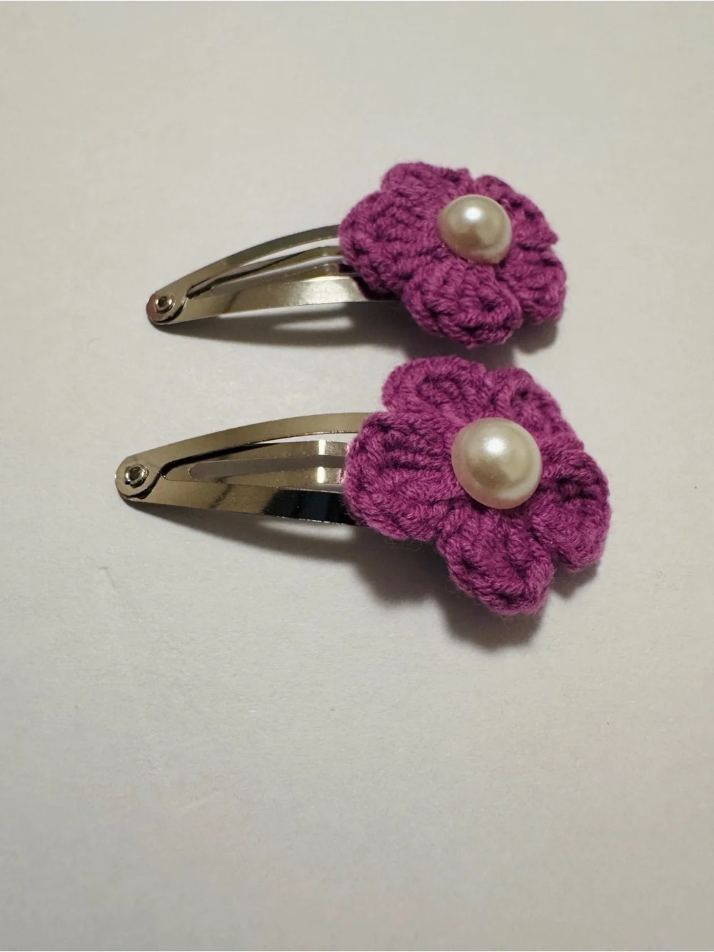 Handmade Purple Flower Hair Clips with Pearl Centers - Picture 4 of 4